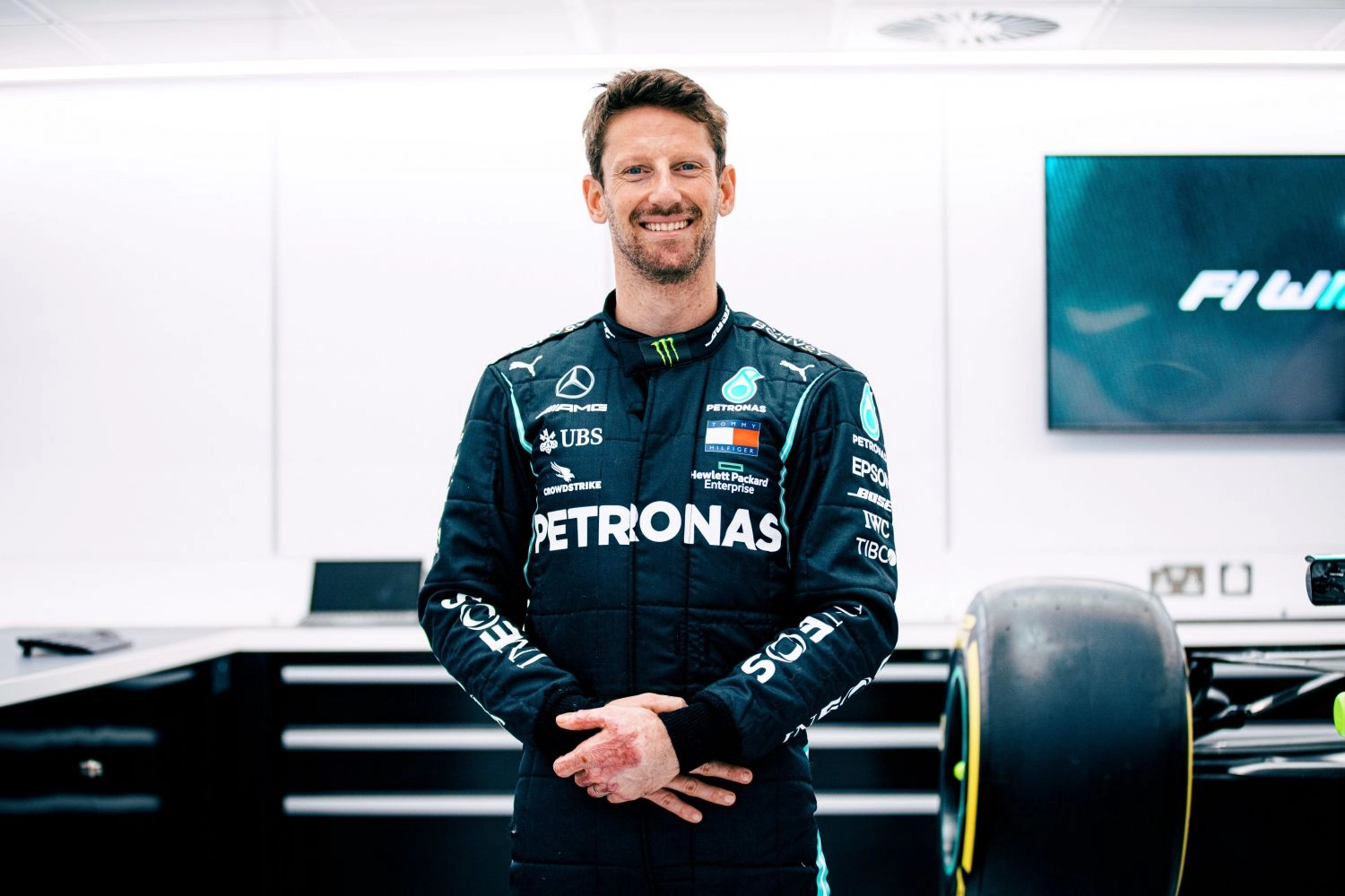 Romain Grosjean at the wheel of a Mercedes during the French Grand Prix