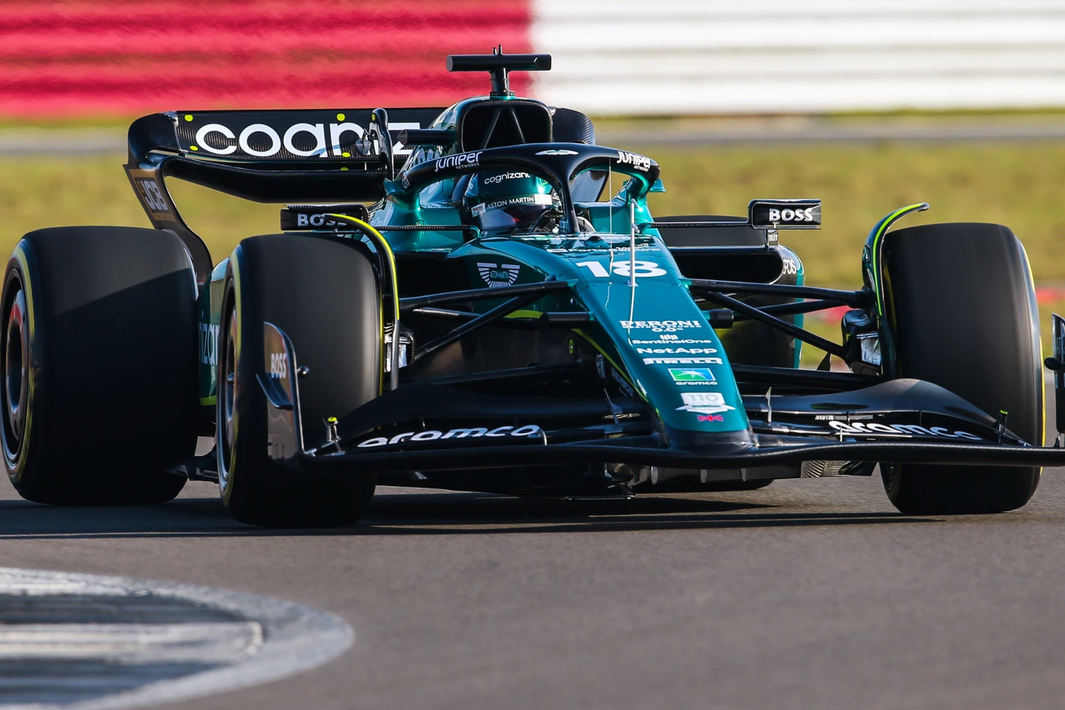 The Aston Martin AMR23 on track for the first time