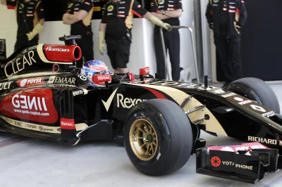 Romain Grosjean (Lotus) is coming out of the garage on Pirelli Winter hard tyres
