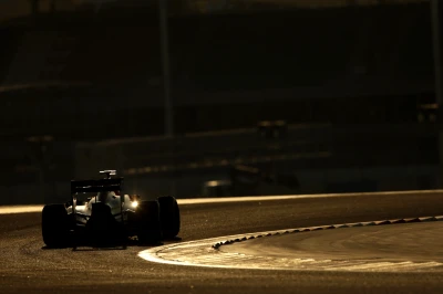 F1 car in the twilight on the Bahrain International Circuit