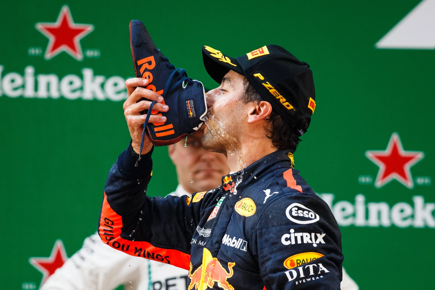 ©️Red Bull. Daniel Ricciardo on the podium of the 2018 Chinese Grand Prix